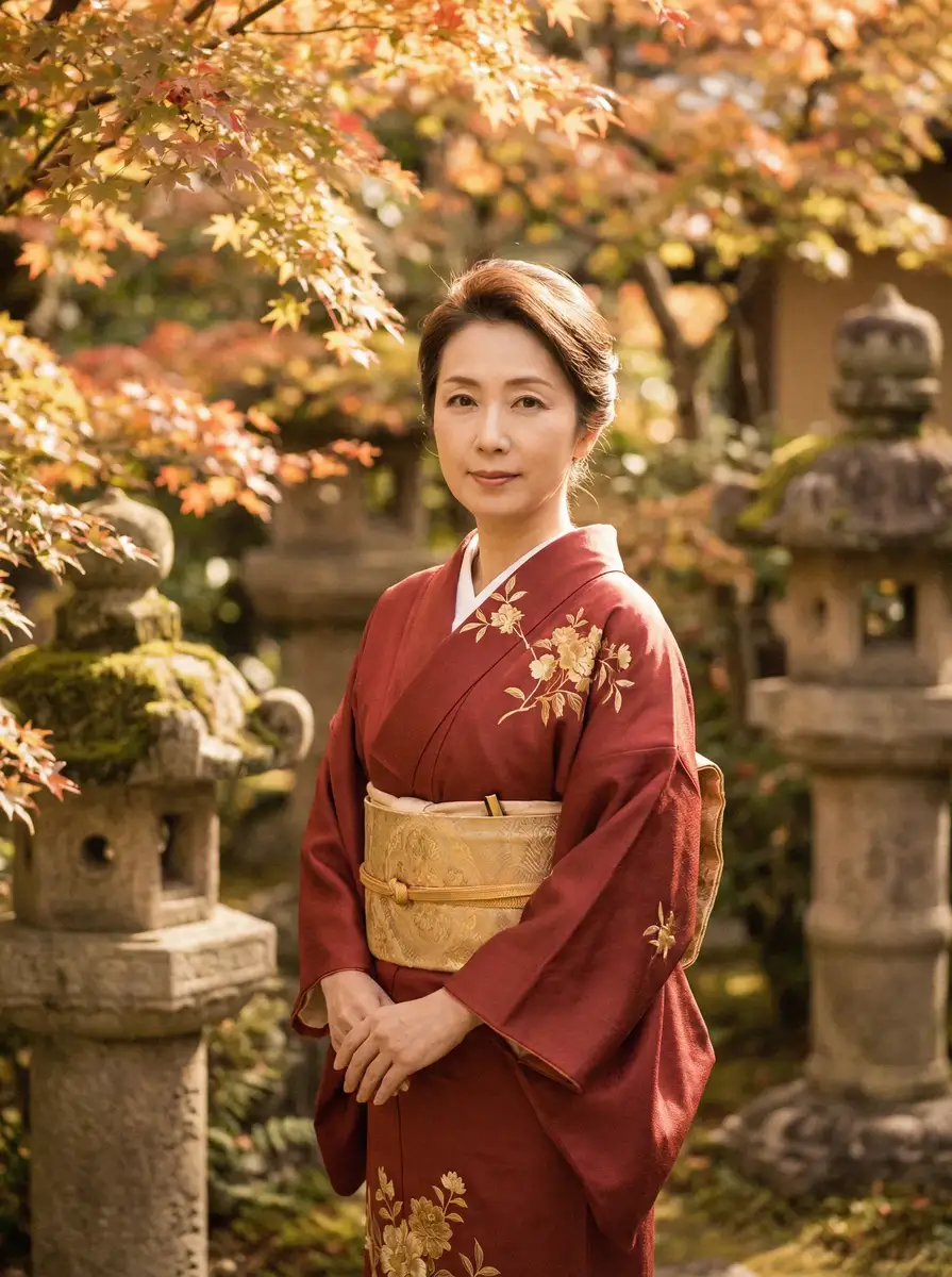 一位身穿暗红色和服的优雅 杏彩体育 在日式庭院中