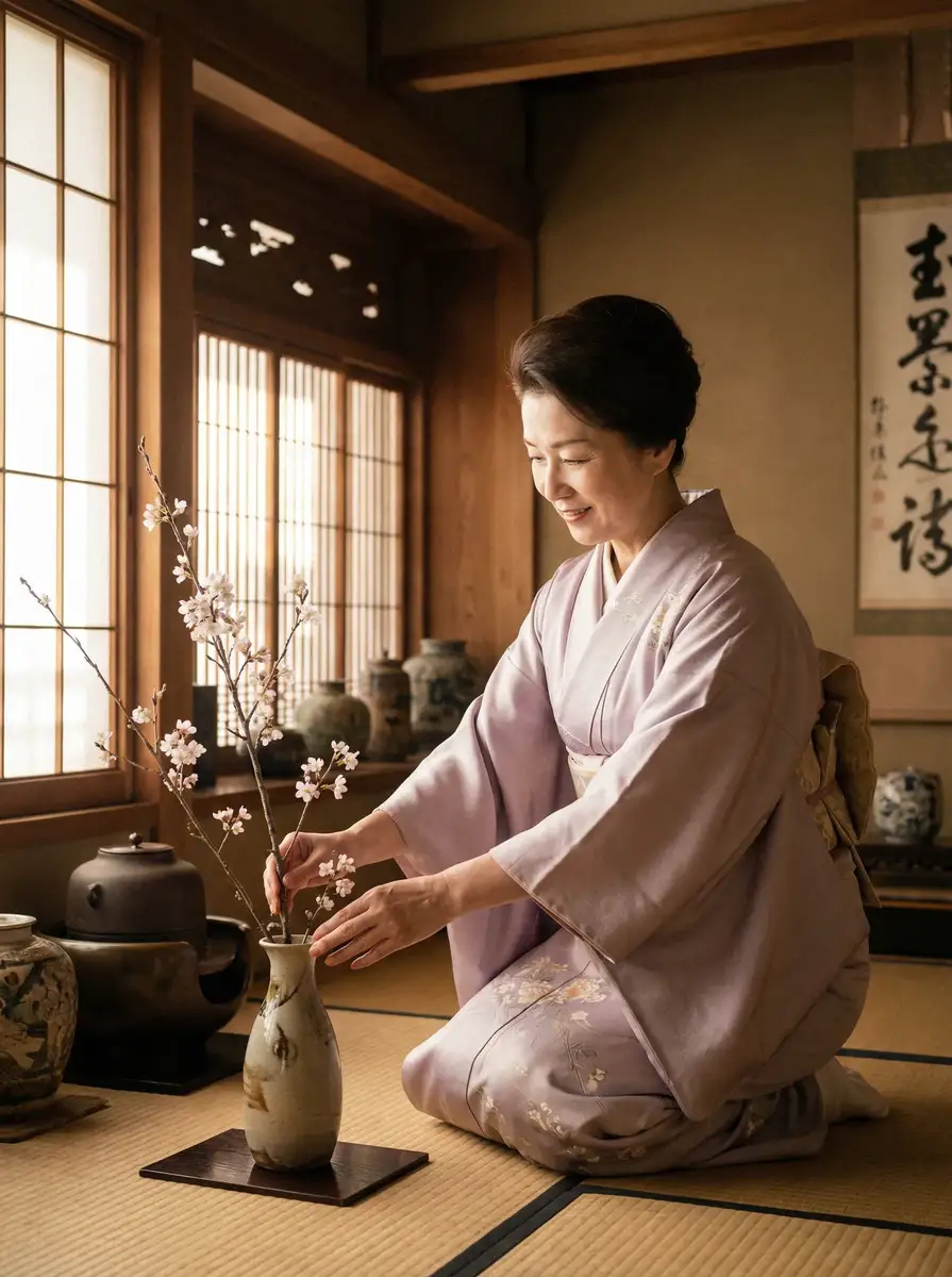 一位优雅的 杏彩体育 在和室中插花